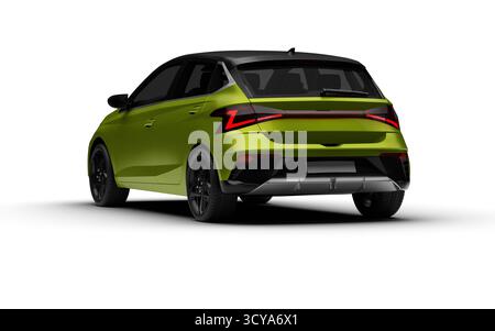 Dreiviertelansicht hinten links des grünen modernen Hatchbag-Autos mit weißem Hintergrund. Stockfoto