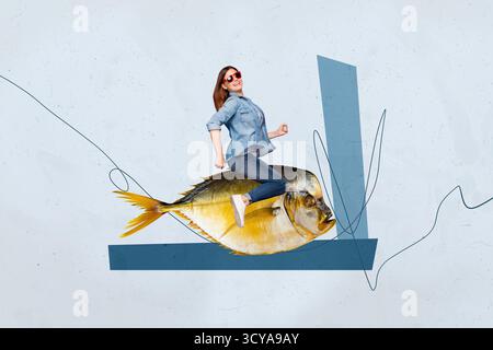 Poster-Kunstcollage der Person, die über Fisch sitzt, auf blauem Hintergrund Stockfoto