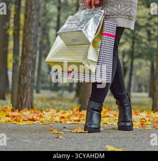 Frau steht im Herbstpark mit ein paar bunten Einkaufstaschen in den Händen Stockfoto