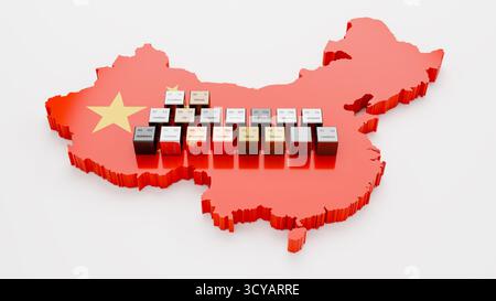 Die 17 Elemente seltener Erden, die als Würfel dargestellt sind, mit ihren Atomzahlen, Symbolen und Namen, die auf der Karte von China eingraviert sind. Scandium Yttrium Neodym Lanthan Stockfoto