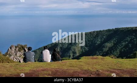 Drei Personen sitzen auf einer grasbewachsenen Klippe mit Blick auf das Meer und die bewaldeten Berge. Malerischer Blick auf die Küste mit felsigen Ausläufern, blauem Wasser und friedlicher Umgebung Stockfoto