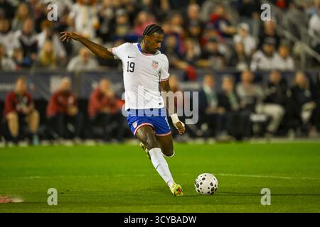 Commerce City, CO, USA. Oktober 2025. US-Mittelfeldspieler Haji Wright (19) im Rahmen des internationalen Fußballspiels der Männer zwischen der US-Nationalmannschaft und Australien im Dick's Sporting Goods Park in Commerce City, CO. (Foto: Kevin Langley/Sports South Media). Quelle: csm/Alamy Live News Stockfoto