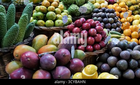 Farbenfroher tropischer Obstmarkt mit Körben mit Mangos, Bananen, Cherimoyas, Avocados und Zitrusfrüchten. Frischware-Display mit Preisschildern. Ideal für Stockfoto