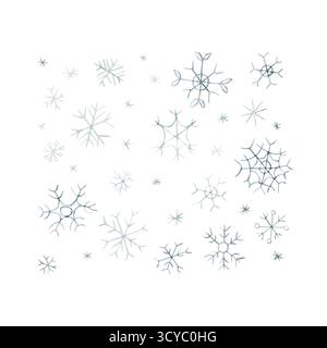 Niedliches Winter-Schneeflocken-Set. Fallende Schneeflocken. Aquarell Hand gezeichnete Illustration lokalisiert auf weißem Hintergrund für Baby-Kindergarten-Kinder Design-Feiertag Stockfoto