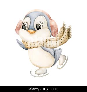 Niedliches Pinguin-Skaten mit Schal-Kapselgehörschützern. Aquarell Hand gezeichnete Illustration isoliert auf weißem Hintergrund für Winter Design Weihnachten oder Valentinskraftwagen Stockfoto