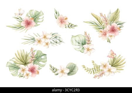 Tropical Hibiscus Plumeria Monstera Palmblätter Arrangements gesetzt. Exotische afrikanische Dschungel Blumen Pflanzen Aquarell handgemalt Sommer Blumen isoliert Stockfoto