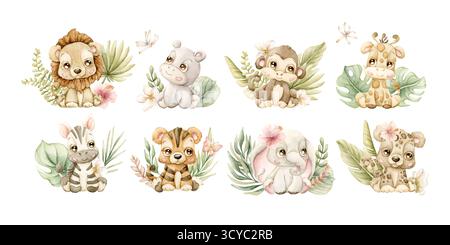 Niedliche tropische Tiere und exotische Pflanzen Set. Aquarell handgemalte Sommer Pastell neutrale Illustration auf weißem Hintergrund für Kinderzimmer Safari Design Stockfoto