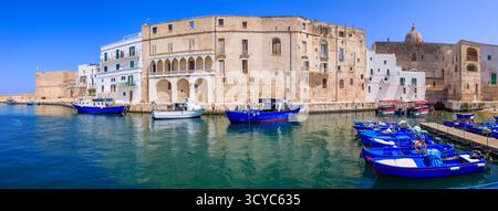 Monopoli. Apulien. Italien. Panorama des alten Hafens mit farbenfrohen Fischbooten. Stockfoto