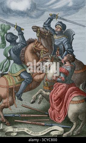 Die Ritterlichkeit, die durch allegorische Charaktere dargestellt wird. Faksimile von Huyot von einem Kupferstich aus „Le Chevalier délibéré“ in seiner spanischen Fassung, übersetzt von Hernando de Acuña und veröffentlicht 1553; Originalwerk des Burgundischen Oliver de la Marche, veröffentlicht 1488. "Vie Militaire et Religieuse au Moyen Age et à l'Epoque de la Renaissance". Paris, 1877. Farbig. Stockfoto