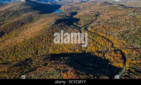 Hochauflösendes Stockbild des Linn Cove Viaduct im Herbst mit farbigen Blättern auf dem Blue Ridge Parkway, Linville, North Carolina, USA ©Paul Todd/OUT Stockfoto