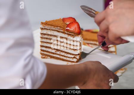 Ein Stück klassischer Medovik Honey Layer Cake Schichten Honigschwamm und cremige Füllung mit Erdbeerscheiben, serviert in Blechschneide mit Messer cl Stockfoto