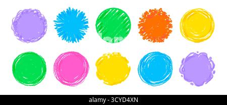 Kreidekreide Rahmensatz. Handgezeichneter Pinselstrich rund kindliche Form. Kinder Farbkreide Pinselstrichrahmen. Handgezeichnetes Grunge-Doodle-Farbkreis-Set. Vektorabbildung Stock Vektor