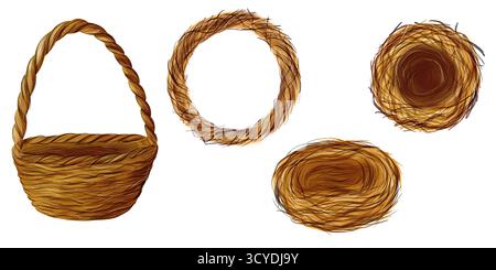 Set, Clip-Art von braunem Kranz rund, Korbkorb, Nester aus Ästen und Essig, keine Blätter. Digitale Illustration mit Aquarell Stockfoto