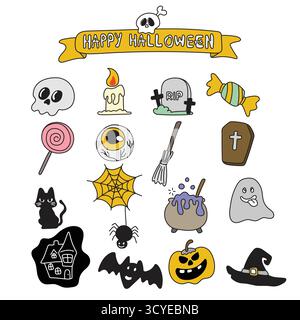 Set von Artikeln für Halloween Illustration Vektor Hand gezeichnet mit schwarzen Linien Stock Vektor