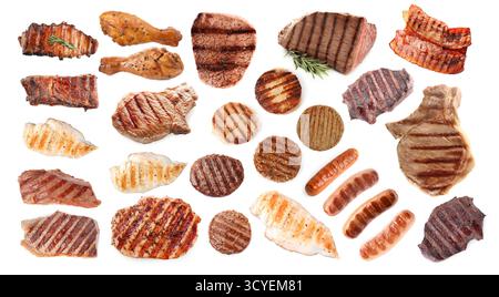 Gegrilltes Fleisch und Würstchen isoliert auf weiß, Set Stockfoto
