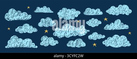 Blauer Buntstift Wolkenkollektion mit Sternen. Traumhafte Nachthimmel-Doodles für die Einrichtung des Schlafzimmers oder Märchenbücher. Vektorabbildung Stock Vektor