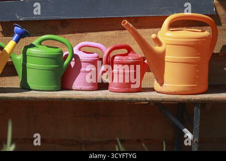 Eine Reihe von Plastikdosen für Gartenbewässerung sitzt auf einer Holzbank. Die Dosen haben verschiedene Farben, einschließlich Grün, Rosa und Orange. Organisationskonzept Stockfoto