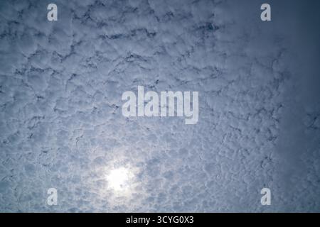Ein dramatischer Blick auf den Himmel, der die Sonne teilweise von einer dichten Schicht aus Altocumulus-Wolken verdeckt und eine strukturierte und stimmungsvolle Atmosphäre schafft. Die Scratte Stockfoto