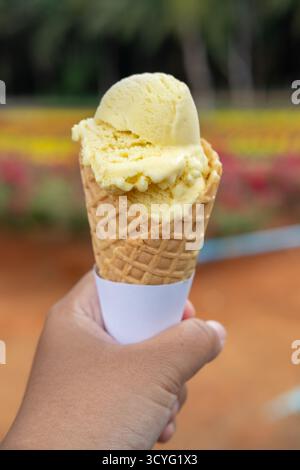 Durianisches Eis in Waffelkegel, mit verschwommenem Gartenhintergrund Stockfoto