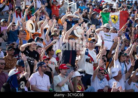 Formel-1-Fans jubeln beim Qualifikationsrennen vor dem Formel-1-MSC Cruises-Grand Prix der Vereinigten Staaten auf dem Circuit of the Americas in Austin, Texas am Samstag, den 18. Oktober 2025.“ (Foto: Stephanie Tacy/SIPA USA) Stockfoto