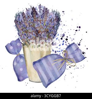Cachepot-Eimer aus Metall mit frisch geschnittenem Lavendelstrauß und duftenden lavandula-Beuteln. Isolierte Illustration, handgezeichnet in Aquarell Stockfoto