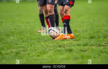 Gilbert Rugby union Football auf einem Stand, der zum Kicken bereit ist. Stockfoto