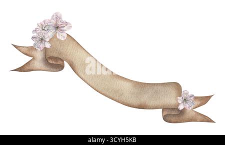 Altes Papyrusband mit Kirschblüten. Handgezeichnete Aquarellillustration der Rolle auf isoliertem Hintergrund. Vorlage mit Retro-Banner in Pastell Stockfoto