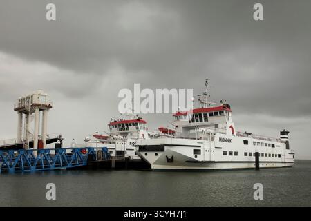 Die Wattenmeerfähren MS Monnik und MS Rottum legten in Lauwersoog, Friesland, Niederlande, an. Stockfoto