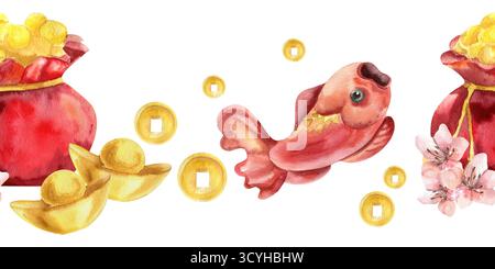 Chinesische festliche nahtlose Grenze mit Aquarell rote Tasche mit goldenen Münzen, Barren, roten Karpfenfischen und rosa Sakura Blumen Illustration. Handgezeichnetes Mondc Stockfoto
