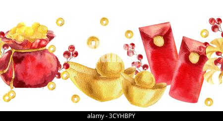 Chinesische Mondkalender festliche Grenze mit Barren, goldenen Münzen in roter Tasche, Umschlägen, Gingko-Blätter und Beeren Aquarellillustration. Frühlingsfest Stockfoto