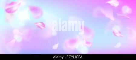 Blumenblätter fliegen auf weichem Hintergrund. Vektor realistische Illustration von rosa Kirschblüten Blätter auf blauem Verlauf, Frühling Feiertagskarte Hintergrund, b Stock Vektor