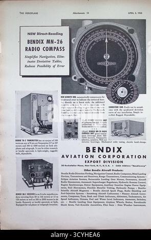 Original der Werbespot des Flugzeugmagazins vom 5. April 1940 für die Bendix Aviation Corporation, die für den MN-26 Radio Compass promotet. Der Werbespot hebt das Design der Direktablesung hervor, das die Navigation vereinfacht und Fehler reduziert, zusammen mit dem Bendix TA-2 Sender und dem RA-1 Empfänger. Mit Sitz in 30 Rockefeller Plaza, New York, stellte Bendix fortschrittliche Flugzeuginstrumente und Kommunikationssysteme für die Luftfahrt während des Zweiten Weltkriegs her Stockfoto