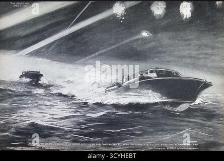 Original der Werbespot des Flugzeugmagazins vom 5. April 1940 mit Motortorpedobooten der British Power Boat Company, die von Hubert Scott-Paine entworfen wurden. Die dramatische Abbildung zeigt die schnellen MTBs, die unter Scheinwerfern und Flugabwehrfeuern durch raue See fahren. Gebaut in Hythe, Southampton, diente dieses Schiff mit Auszeichnung in der Royal Navy während des Zweiten Weltkriegs für Küstenpatrouillen und Angriffsmissionen Stockfoto
