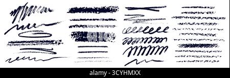 Pinselkreide Scribble Kollektion mit schwarzen Tintenstrichen für künstlerisches Design – raue strukturierte Markierungen und handgezeichnete Linien. Abstrakte Grunge-Elemente mit verschiedenen Breiten und Formen für unterstrichenen Text. Stock Vektor