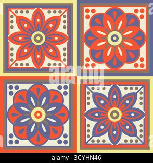 Set aus farbenfrohen Vektor-Blumenmotiven in runden und Diamantformen, inspiriert von traditionellen Stickmotiven der ukrainischen und polnischen Volkskunst. Stock Vektor