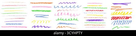 Buntes Buntstift-Streifenset mit handgezeichneten Regenbogenmarkierungen und verspielten Kritzeleien für Kinder. Pinsel-Texturen mit gewelltem, Zickzack- und geradem Pat Stock Vektor