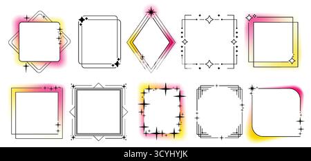 Geometrische Rahmen mit verlaufendem Rand – verschwommene Aura-Effekte und Funkeln für modernes Design. Quadratische, diamantförmige und rechteckige Formen mit rosa und gelben Leuchten und dekorativen Sternen. Trendige Vorlagen. Stock Vektor