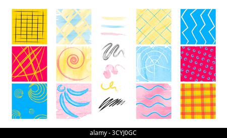 Bunte Buntstift-Gittermuster mit Zickzack- und Spiralmuster, Diamanten und karierten Quadraten für verspielten Hintergrund. Pinselstriche mit welligen Linien und Punkten. Kinder Kunstelemente für kreatives Design in der Schule. Stock Vektor