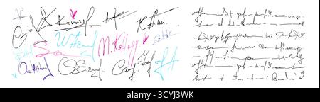 Handgeschriebene Fake Signature Kollektion mit kursiven Buchstaben in bunten Tintenstrichen auf weißem Hintergrund. Stile von Autogrammen für Dokumententwurf oder Authentifizierungszwecke. Stock Vektor