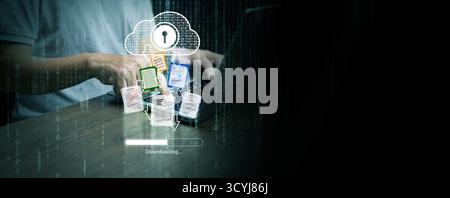 Futuristisches digitales Konzept mit sicherem Download von Cloud-Dateien und Datentransfer vom Laptop. Perfekt für die Darstellung von Cybersicherheit, Online-Backup, an Stockfoto