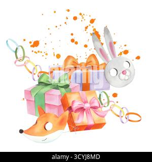 Geschenkboxen, Masken von Fuchs und Kaninchen, Papiergirlande auf einem Aquarellgrund. Für Stoff, Tapeten, Packpapier, Grußkarten, Design Stockfoto