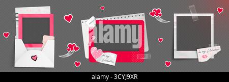 Fotorahmen mit Love-Thema für Social-Media-Beiträge – rosa romantische Ränder, Umschläge und Herzdekorationen. Digitale Scrapbook-Elemente mit Valentinskarten und Kuss-Prints. Stock Vektor