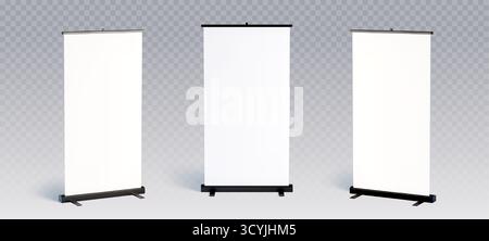 Leere Roll-Up-Banner-Mockup-Displays mit einziehbaren Ständen für Präsentationen und Werbematerialien. Weiße vertikale Bildschirme auf transparentem BG. Tragbare Beschilderung und Messeausstattung. Stock Vektor