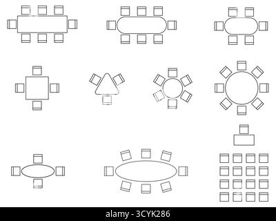 Sitzplan Symbol Set, Grundriss, Zuhause, Restaurant, Seminar, Schule, Draufsicht, Stuhl und Tisch, Architekturplan, anpassbarer Hub, Vektor Stock Vektor