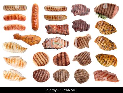 Gegrilltes Fleisch und Würstchen isoliert auf weiß, Set Stockfoto