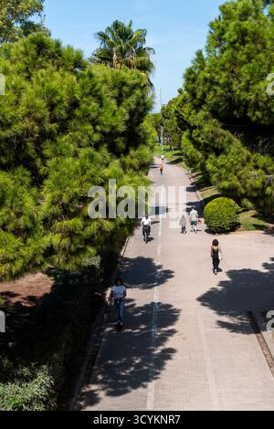 Menschen wandern und radeln auf dem Weg durch die Turia-Gärten, Blick von Puente de las Flores, Valencia, Valencia, Valencia, Gemeinschaft Valencia, Spanien Stockfoto