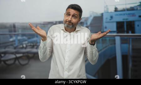 Mann zuckt Handflächen auf dem Deck des Kreuzfahrtschiffes, weißes Hemd, offene Handflächen sichtbar und Kopf in einer lässigen zuckenden Geste geneigt; Ungewissheit Reisemoment. Stockfoto