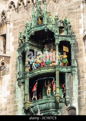 Rathaus-Glockenspiel lebensgroße Figuren stellen Münchens Geschichtsszene nach Stockfoto