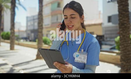 Hispanische Ärztin in Uniform mit Stethoskop spricht auf Smartphone und verwendet Tablet auf der Straße, zeigt Technologie und Gesundheit in städtischen Settin Stockfoto