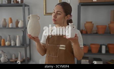 Frau hält beige Tonvase in der linken Hand und weiße Keramikkkanne in der rechten Hand im Studio; sorgfältige Beurteilung. Stockfoto